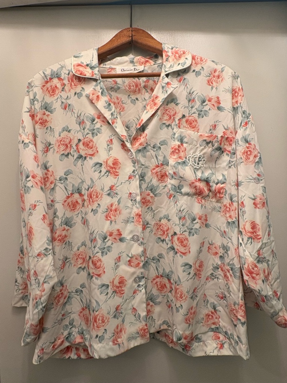 Vintage Christian Dior Pajama Top Floral Pattern Monogrammed Pocket